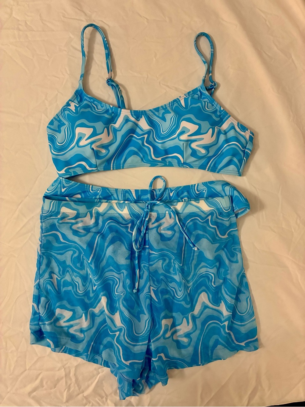 Blue Marble Print Bikini Top and Swim Shorts Set